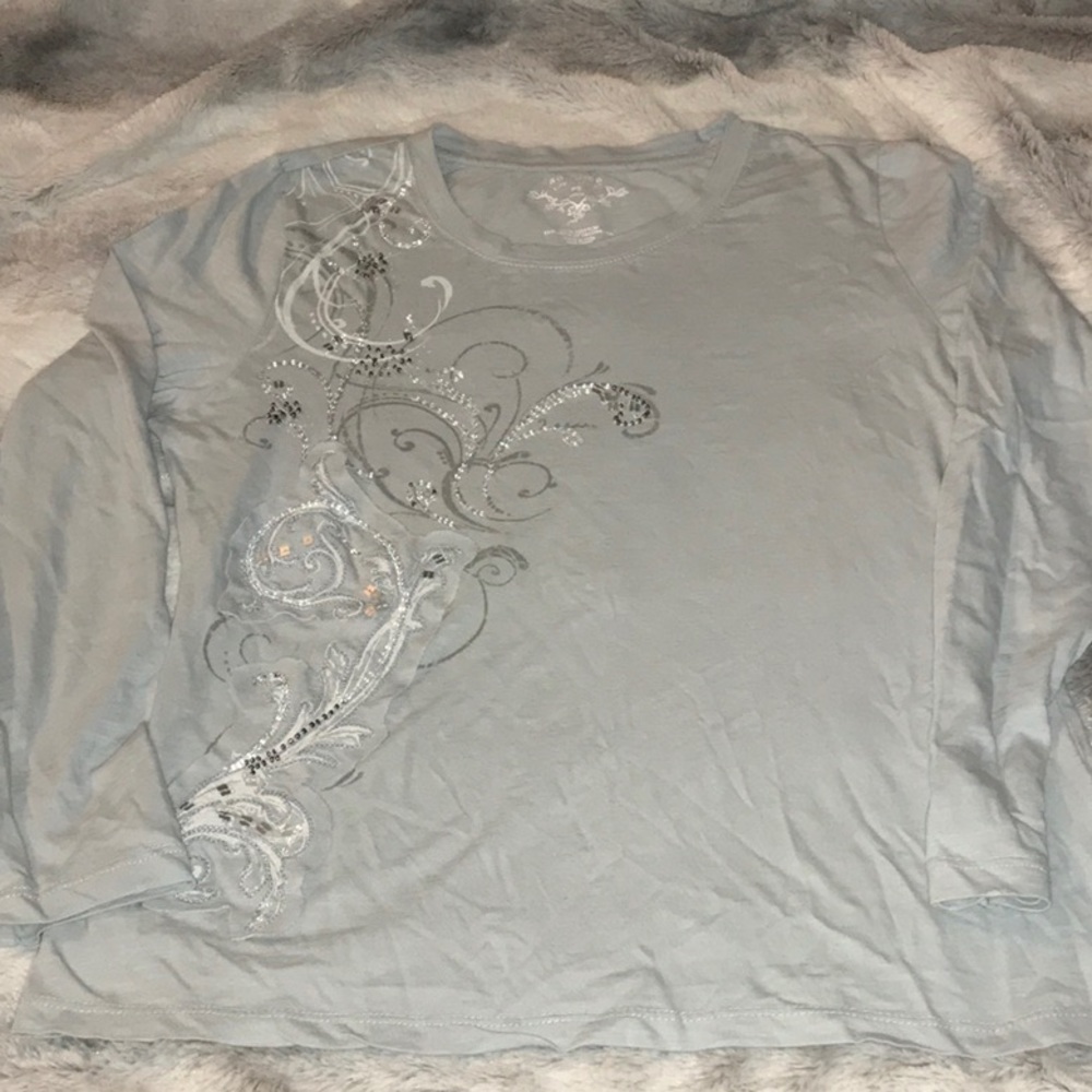 Long Sleeve Embroidered Distressed Tee Shirt